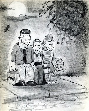 Drawing of kids trick or treating