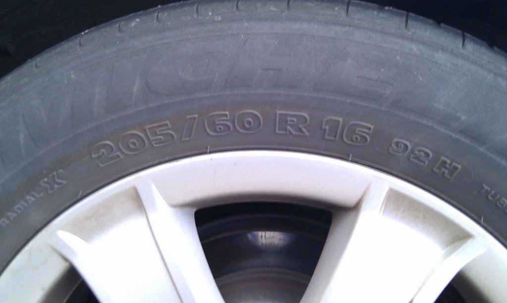 Close-up of tire showing size markings